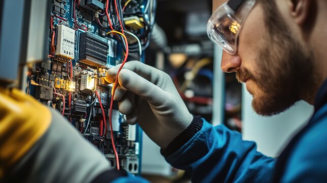 Electrician inspecting a circuit board in a home office. Featuring electrical diagnostics and troubleshooting