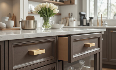 Modern kitchen drawer handles in a mocha mousse finish with smooth edges and a subtle matte texture, contrasted with brushed