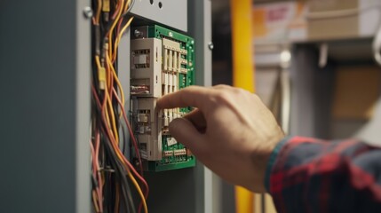 Electrician inspecting a fuse box for electrical faults. Featuring electrical diagnostics and troubleshooting
