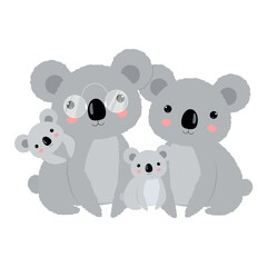 Tropical illustration with cartoon cute koalas Family.
