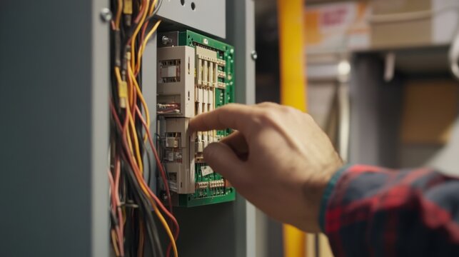 Electrician inspecting a fuse box for electrical faults. Featuring electrical diagnostics and troubleshooting