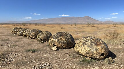 Obraz premium A row of large, rounded stones in a dry landscape with mountains in the background.