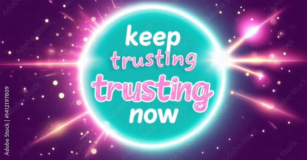 Aufkleber Bright circular design features inspirational text. Purple, pink hues dominate cosmic background with sparkling light effects. Positive message conveyed.