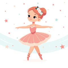 Pretty and gentle ballerina girl in pink dress dancing with stars on white background. Poster, Banner, Flyer, Greeting Card. Vector illustration in flat cartoon style