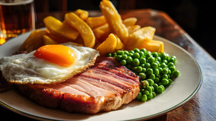 Delicious Gammon Steak with Fried Egg on Plate Served with Chips and Green Peas in Cozy Pub Setting