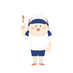 びっくりマークを指さす体操着の女の子　全身