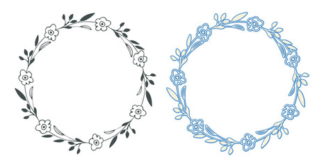 Floral leaves branch Frame set, outline circle, flower wreath, doodle art style design border. Hand drawn blob brush stroke, black blue sketch plant botanic element. Text space. Vector illustration