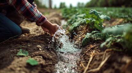 Fototapeta premium Farmer irrigating his farm land with fresh water from nearby stream in a sustainable way agriculture concept