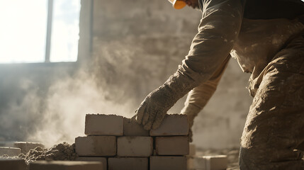 Mason placing bricks to build a sturdy wall on a construction site. Strength and craftsmanship