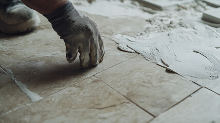 Mason placing stone tiles on the floor of a new bathroom. Detail and craftsmanship