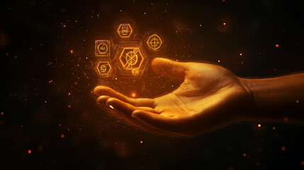Hand interacting with futuristic digital icons representing risk management and safety on a dark background