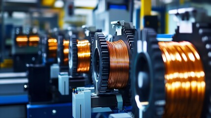Close-up of Copper Windings on Industrial Cores in Factory Setting
