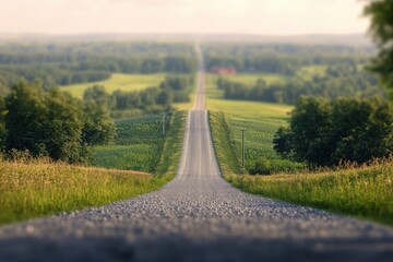 Scenic gravel road stretches through lush green countryside on a sunny day