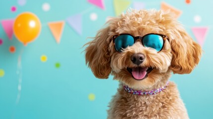 Playful Cockapoo celebrating a birthday, wearing festive accessories with a bright and cheerful party backdrop.