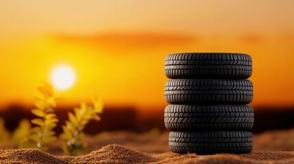 Shiny summer tires stacked with a golden sunset in the background, travel and automotive theme.