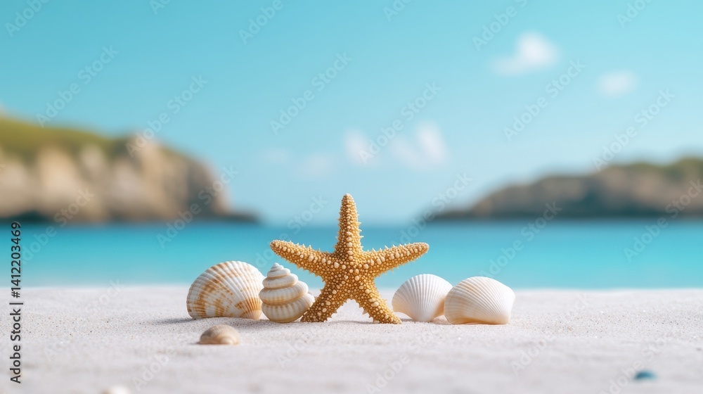 Poster starfish and seashells arranged on soft sand, with the ocean in the background, creating a serene an