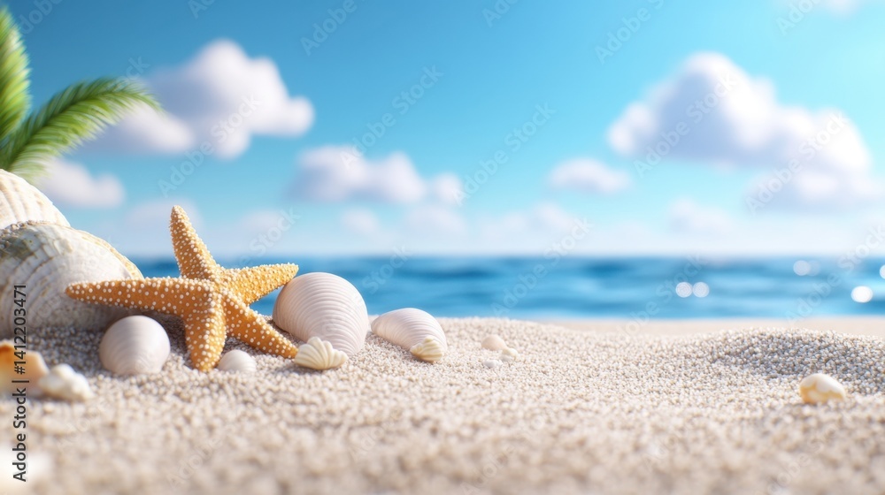 Poster starfish and seashells arranged on soft sand, with the ocean in the background, creating a serene an