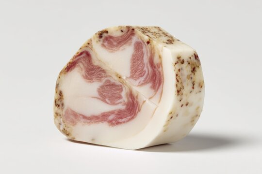Delicious slice of italian lardo with red stripes on white plain blackground close up shot food photography