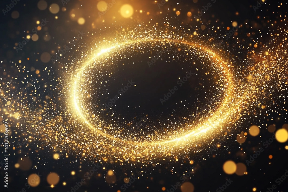 Poster golden sparkles swirl in oval shape dark background abstract design