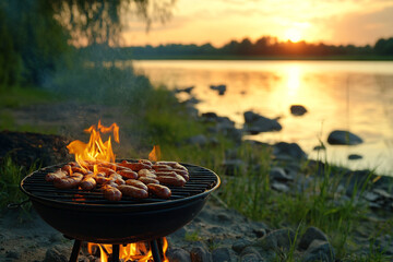 Sunset grilling sausages by the lake fire cooking outdoor meal