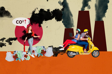 Composite trendy magazine photo collage of happy girl walk umbrella carbon dioxide woman man ride...