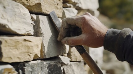 Mason chiseling stone for an exterior wall. Featuring technique and focus