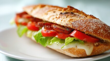 Freshly Made Baguette Sandwich Featuring Juicy Tomatoes Crisp Lettuce and Melted Cheese Appetizing Food Photography