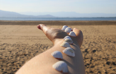 Shells in a woman's hand, with the beach in the background. A line of shells on her arm, sunset on the beach in summer.