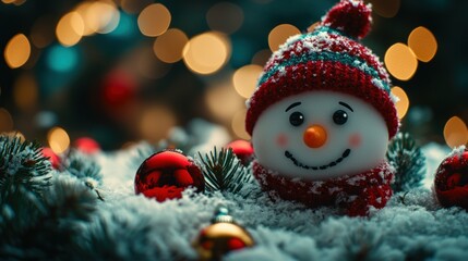 Festive snowman figurine nestled in snowy Christmas d?cor