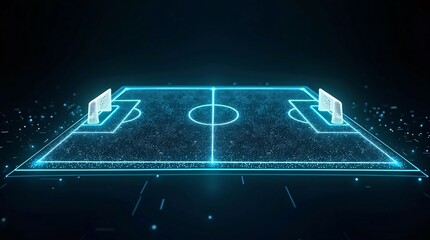Futuristic glowing soccer field digital art vibrant neon blue particle effect abstract sports background esports gaming virtual reality metaverse illuminated technology modern design 3D