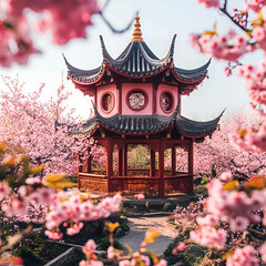 Cherry blossom festival traditional chinese pagoda scenic nature view tranquil landscape springtime beauty