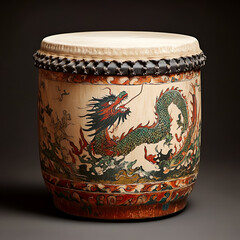 Traditional chinese drum featuring dragon motif cultural artifact art studio setting close-up perspective heritage preservation