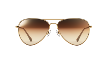 Pair of aviator sunglasses with gold frame and gradient lenses, photorealistic reflections, white background