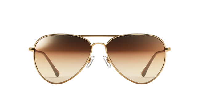 Pair of aviator sunglasses with gold frame and gradient lenses, photorealistic reflections, white background