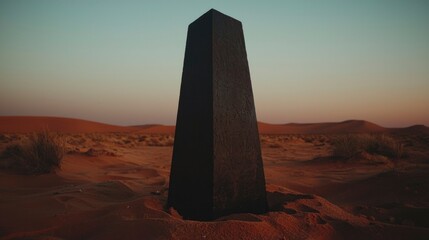 Monolith standing tall in a sandy desert landscape during a warm sunrise, mysterious