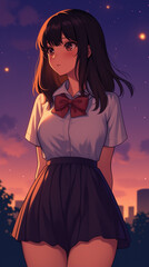 Fototapeta premium Anime Girl in School Uniform at Sunset