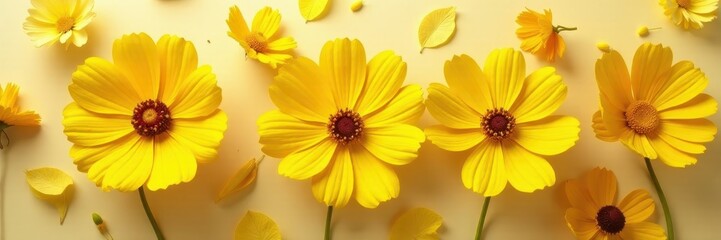 Fototapeta premium Dried yellow cosmos blossom, flat pressed, studio shot , botanical, sun