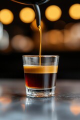 Espresso pouring into glass, countertop, blurred lights in background, close-up
