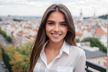 Portrait of a young woman wearing a white shirt, smiling against a blurred city view background with copy space