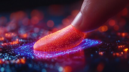 Finger pressing glowing button, technology interface with blue and orange lights