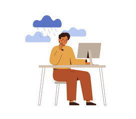 toxic work environment. Sad man overworked and has depression by that. Overwhelmed employee by deadline at office computer desk.  bullying at internet. business and mental health vector illustration