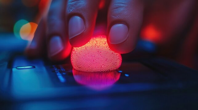Finger pressing glowing red sensor. Technology, security, digital access