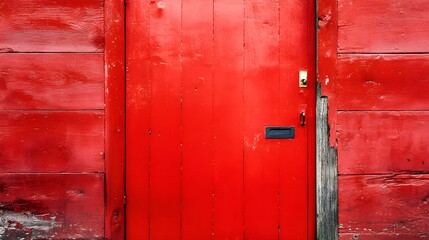 Red painted wooden door with matching red wall texture close up.