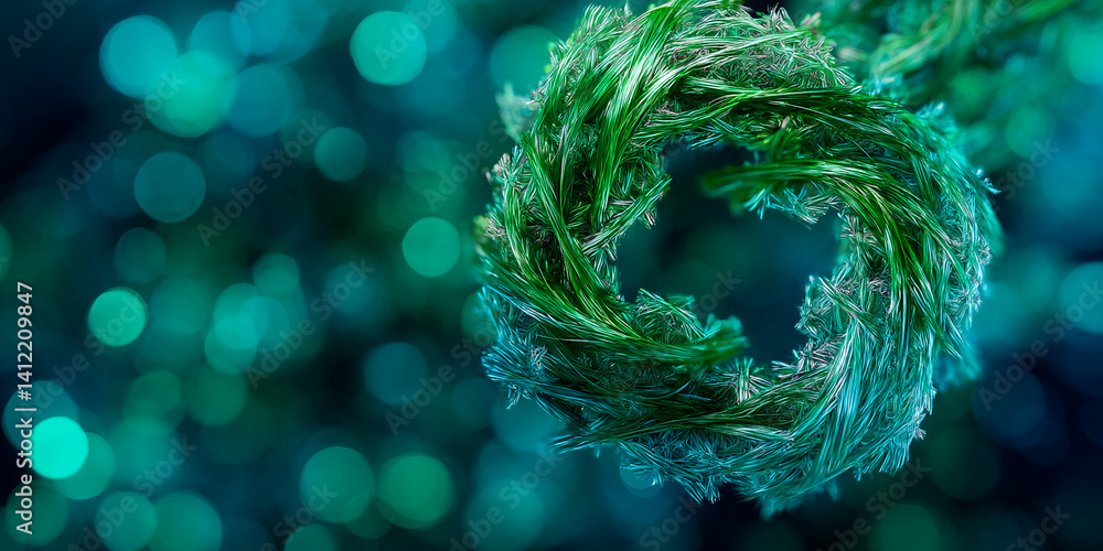 Poster abstract image of swirling, green filaments against a blurred teal background, creating a dynamic an