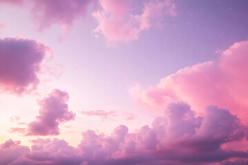 Obraz premium Pink sunset sky with fluffy clouds and stars dreamy scene