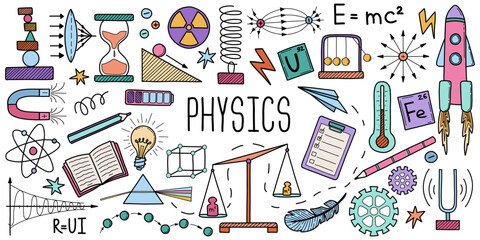 Hand drawn science elements. Physics doodle with magnet, prism, telescope, atom. Physics theory elements and formulas  isolated in white background.