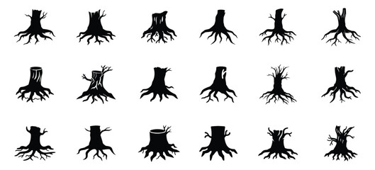 Tree Stump Silhouettes with Roots | Vector Illustration