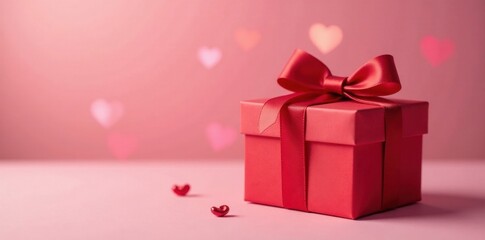 Elegant red gift box, soft pink background, blurry heart shapes , gift box, pink, holiday