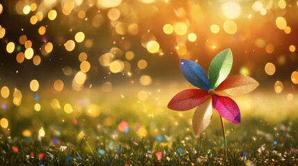 A rainbow pinwheel spins in a sunlit field with floating confetti, celebrating joy and childhood wonder on International Children's Day.
