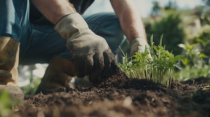 Naklejka premium Landscaper laying sod in a freshly prepared garden. Featuring landscaping